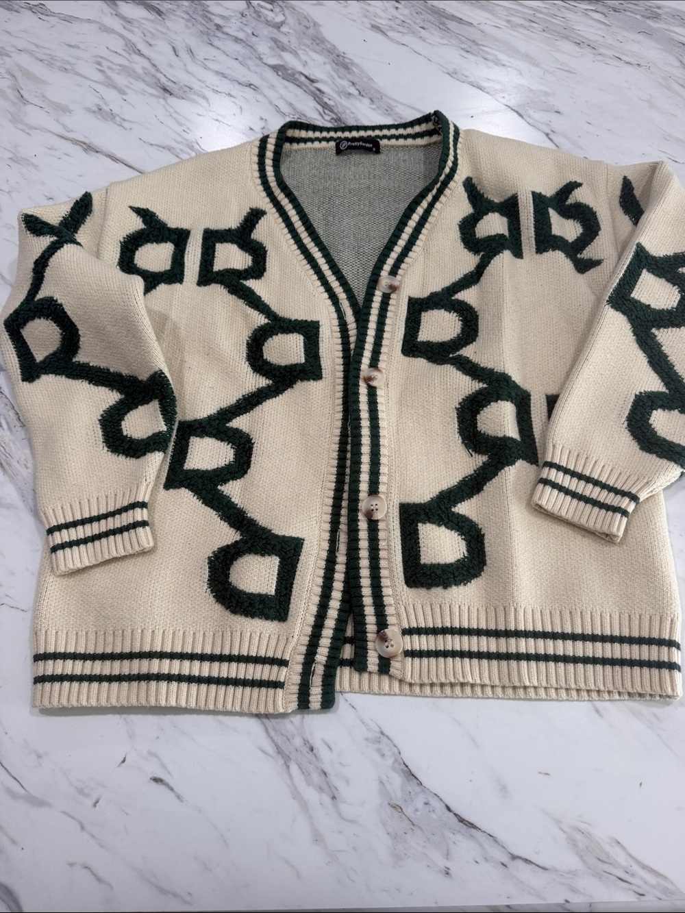 Ivory and Dark Green Patterned Button Cardigan